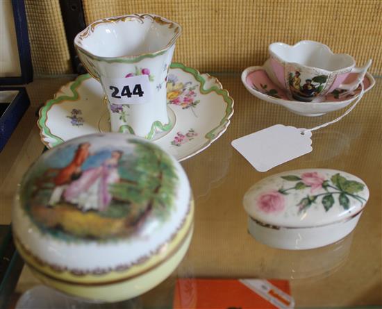 Meissen box & cover,2 German cups & saucers, Berlin cup, cover, another cup/cover & sundry porcelain